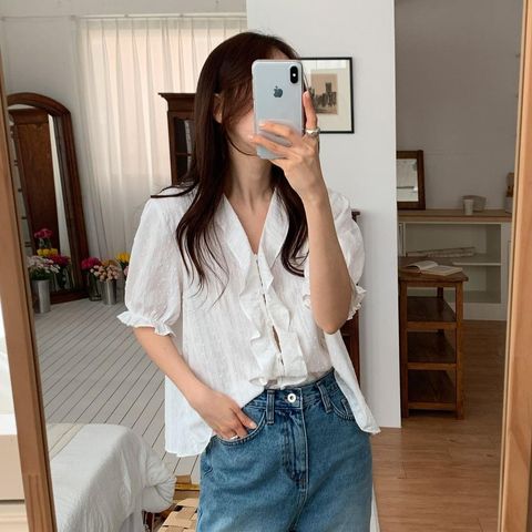 正韓荷葉滾邊排扣領小包袖上衣-148 (4)