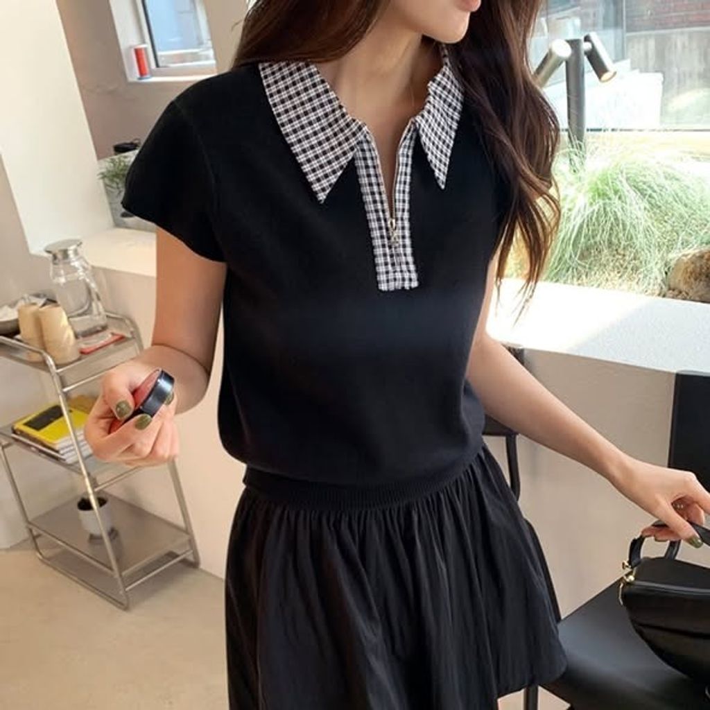 正韓翻領格紋配色針織上衣 $795 (1)