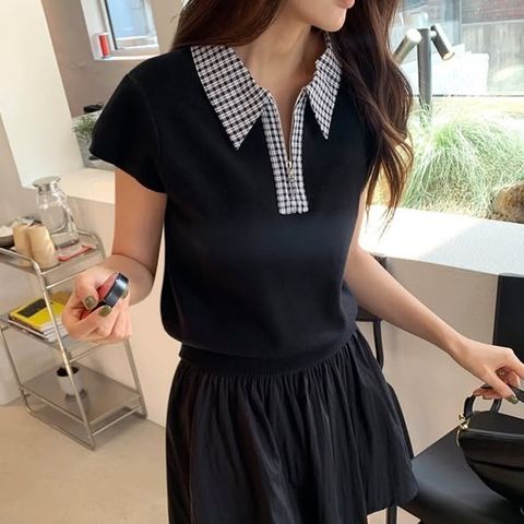 正韓翻領格紋配色針織上衣 $795 (1)