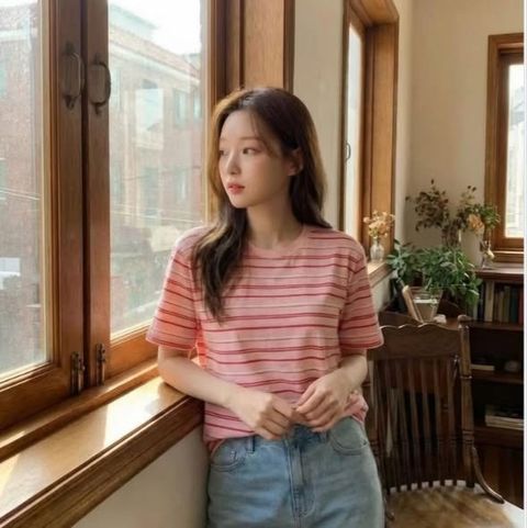 正韓配色條紋寬鬆百搭短袖上衣｜$690 (3)