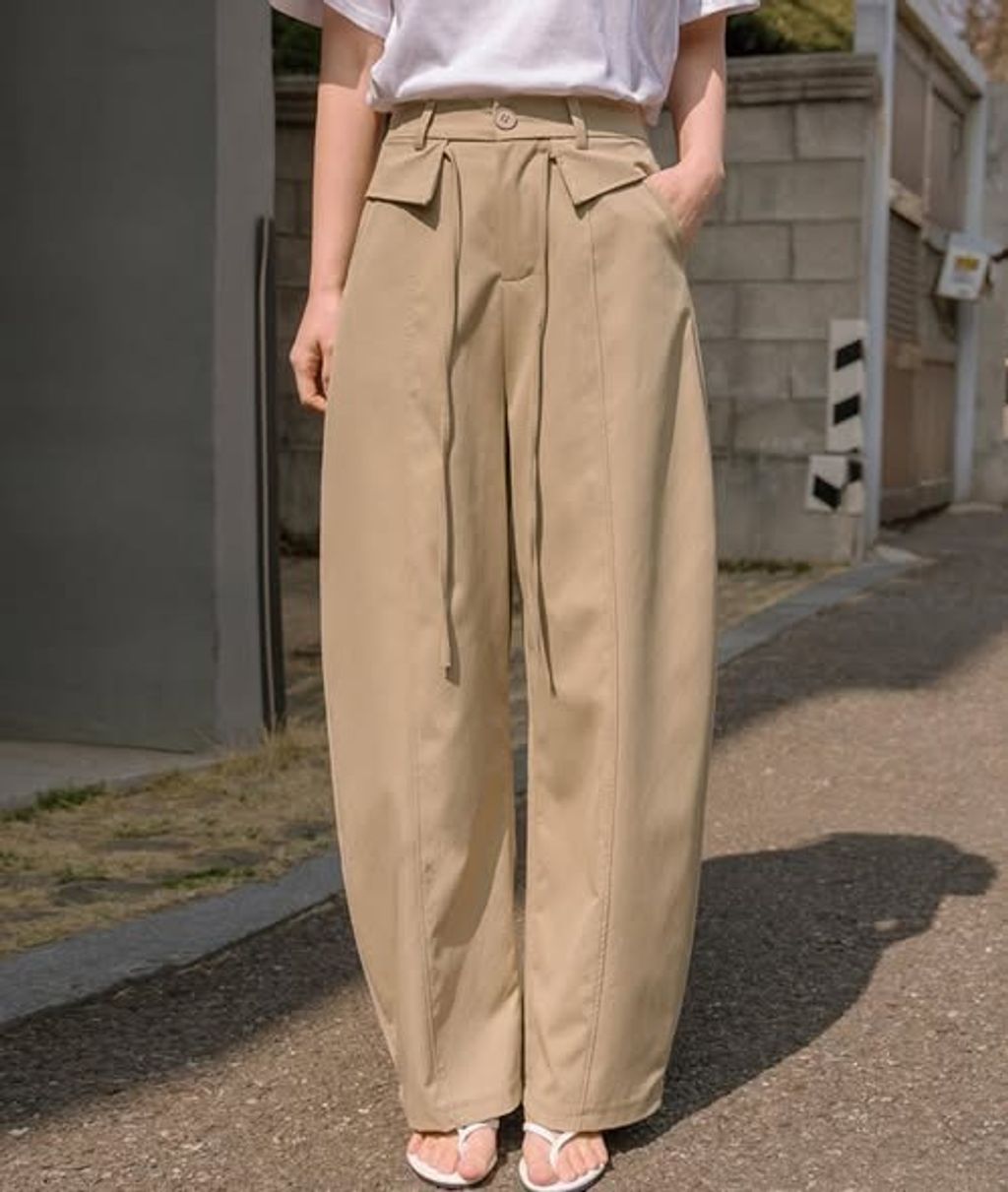 正韓前壓線綁結造型寬直筒褲 $890 (3)