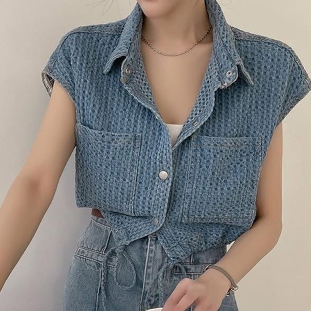 正韓下抽繩牛仔背心上衣 $980 (2)