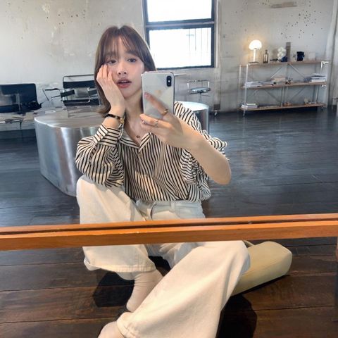 正韓直條紋襯衫上衣-128 (1)