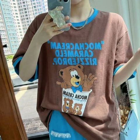 正韓袖口拼接撞色可愛卡通上衣 $495 (1)