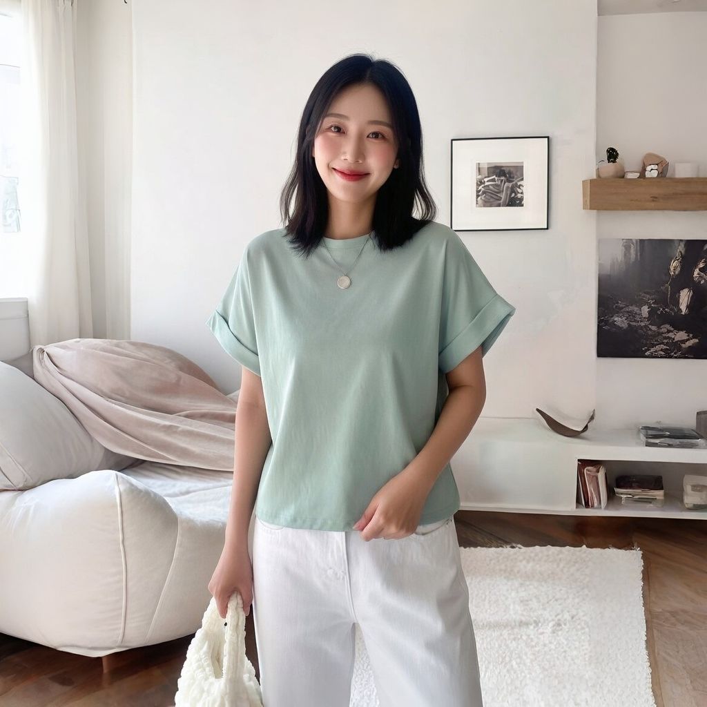 正韓簡約捲邊卡布拉袖棉質T恤｜$695 (1)