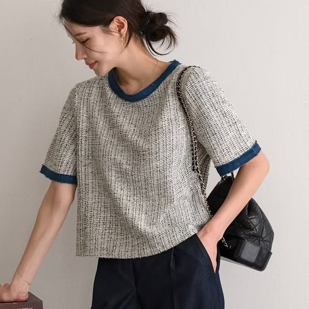 正韓拼接混色毛呢短版上衣 $980 (2)