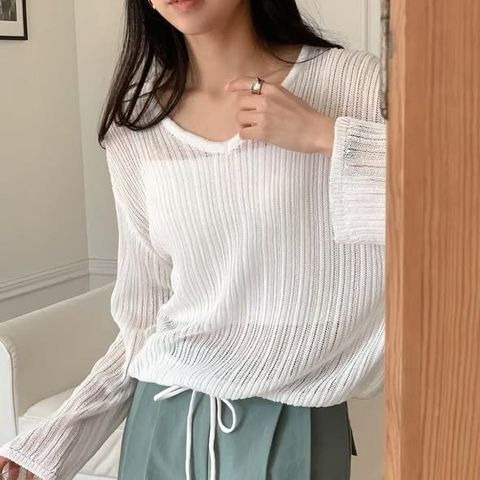 正韓V領坑條下襬抽繩針織上衣 $590 (1)