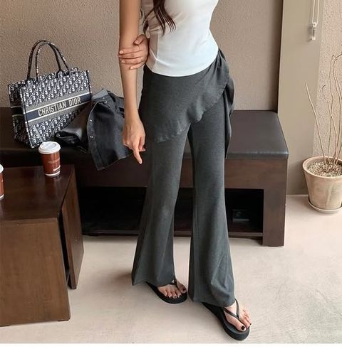 正韓腰鬆緊不對稱綁帶假兩件長褲-118 (1)