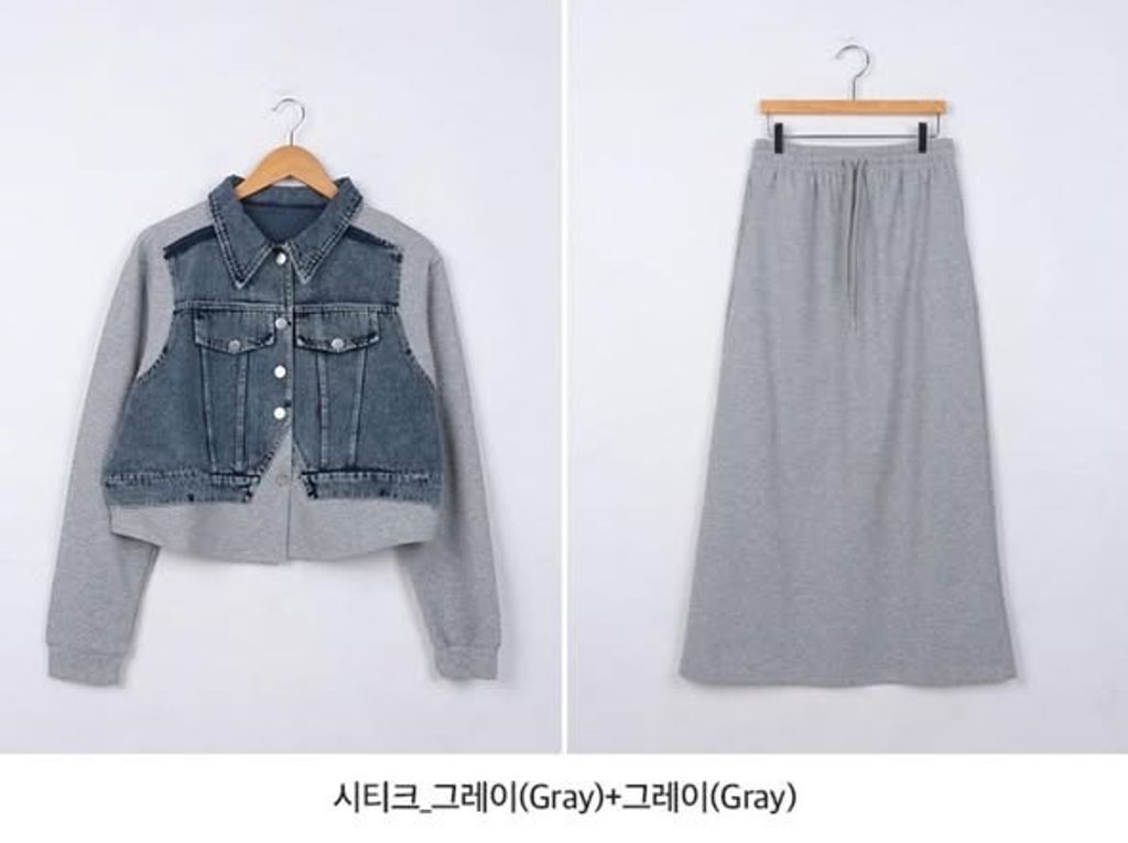 正韓牛仔拼接短版外套&後開衩長裙 套裝-168 (1)