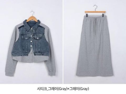 正韓牛仔拼接短版外套&後開衩長裙 套裝-168 (1)