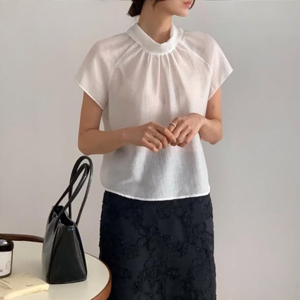 正韓立領抓皺後綁帶雪紡上衣-168 (1)