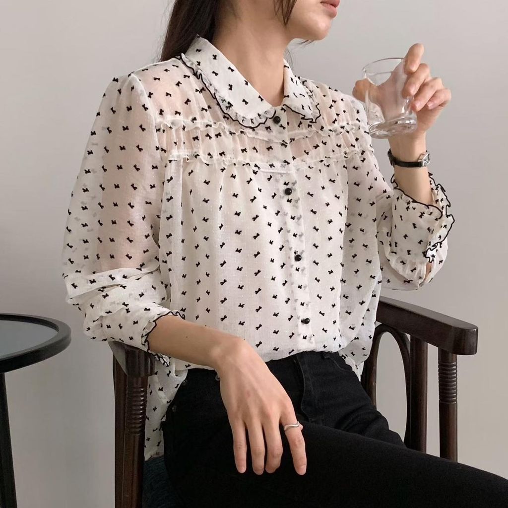 正韓蝴蝶結點點荷葉領雪紡上衣-198 (1)