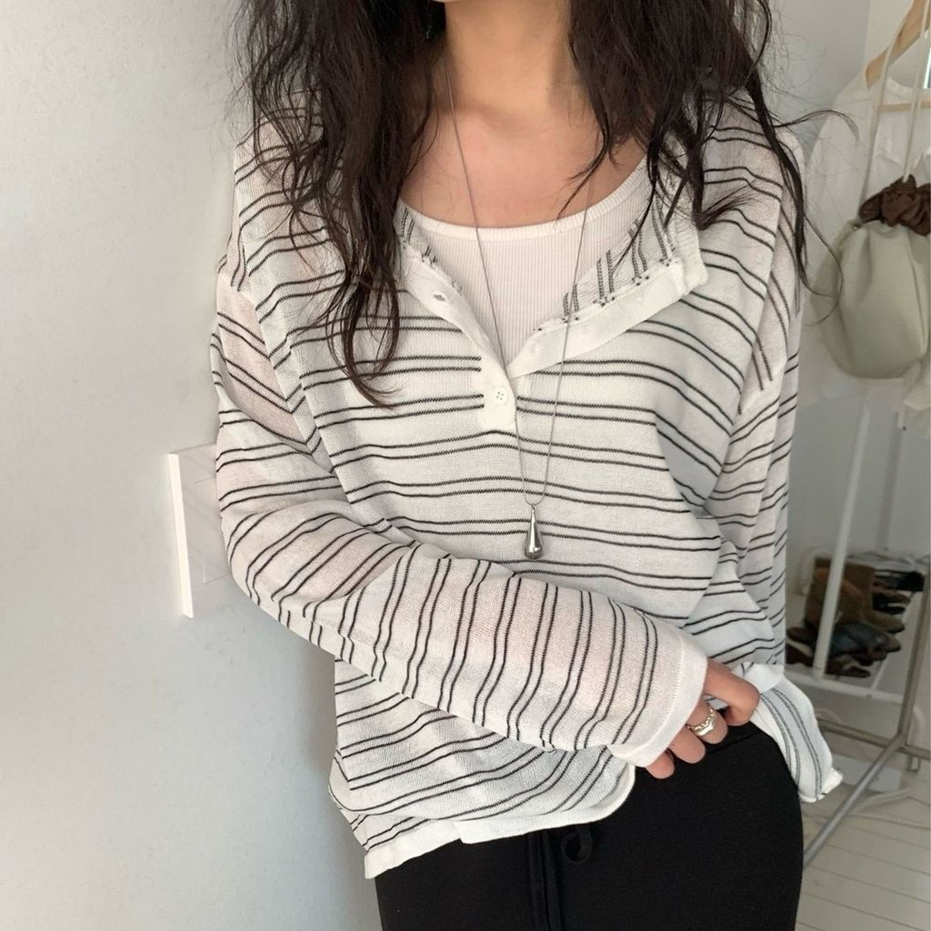 正韓輕透條紋針織開襟上衣｜$980 (9)