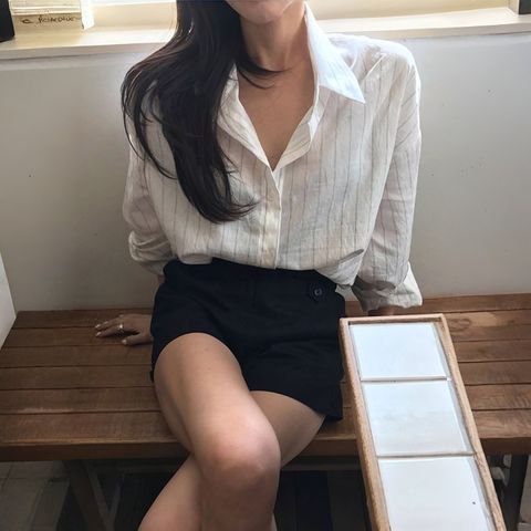 正韓輕透亞麻感條紋襯衫上衣｜$990 (1)