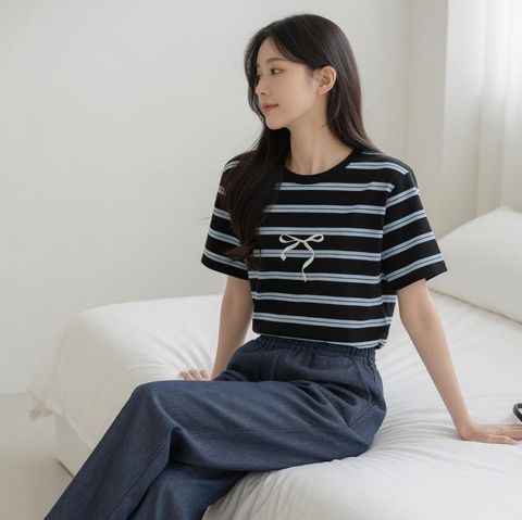 正韓蝴蝶結配色條紋上衣｜$795 (4)