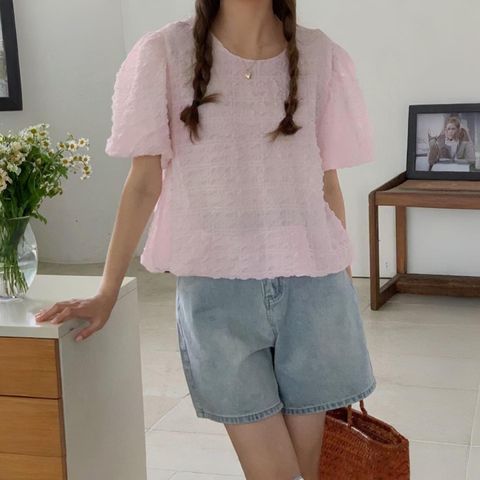 正韓立體紋理澎袖上衣｜$890 (4)