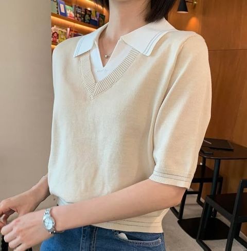 正韓V領假兩件層次感針織上衣 $890 (1)