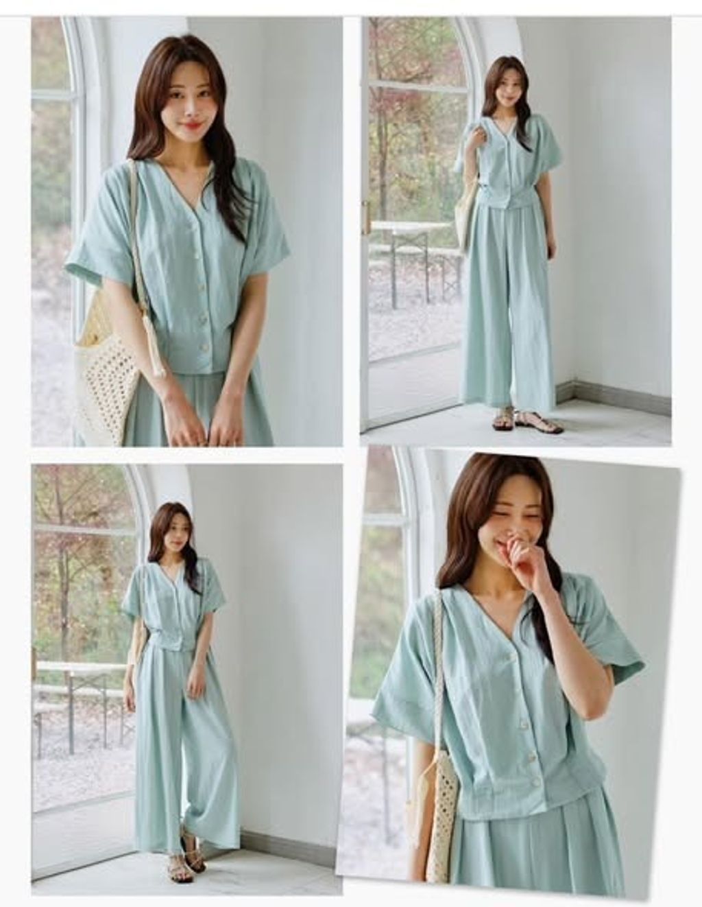 正韓領俐落v領排扣上衣&後腰鬆緊直筒褲 套裝 $980