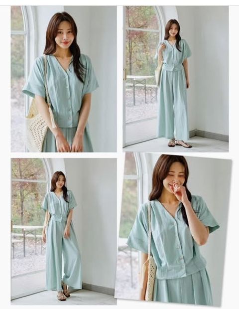 正韓領俐落v領排扣上衣&後腰鬆緊直筒褲 套裝 $980