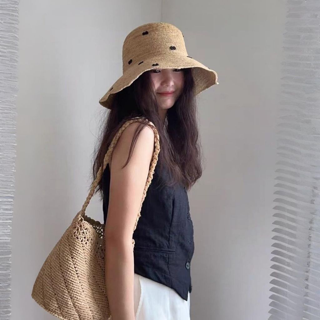 正韓配色點點遮陽草編帽-148 (2)