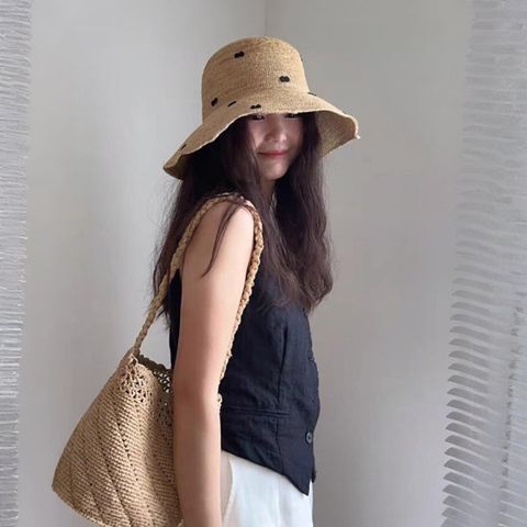 正韓配色點點遮陽草編帽-148 (2)