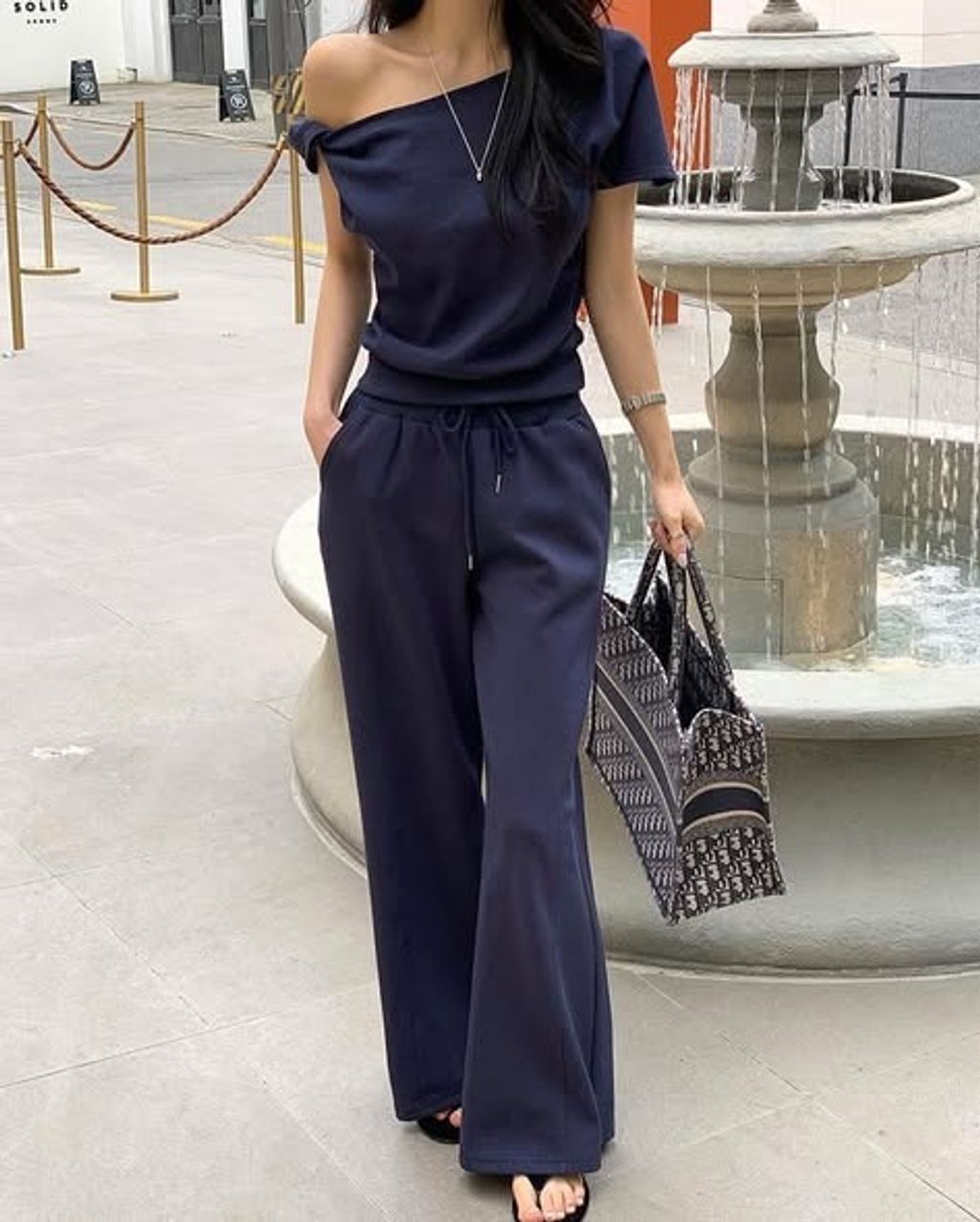 正韓露肩甜美扭結上衣&抽繩長褲 套裝-168 (2)