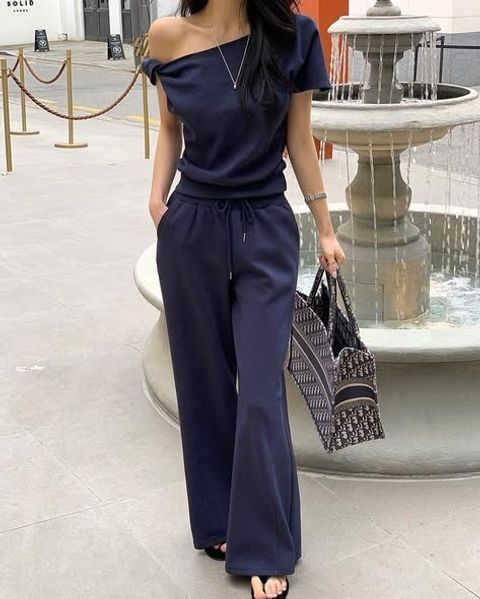 正韓露肩甜美扭結上衣&抽繩長褲 套裝-168 (2)