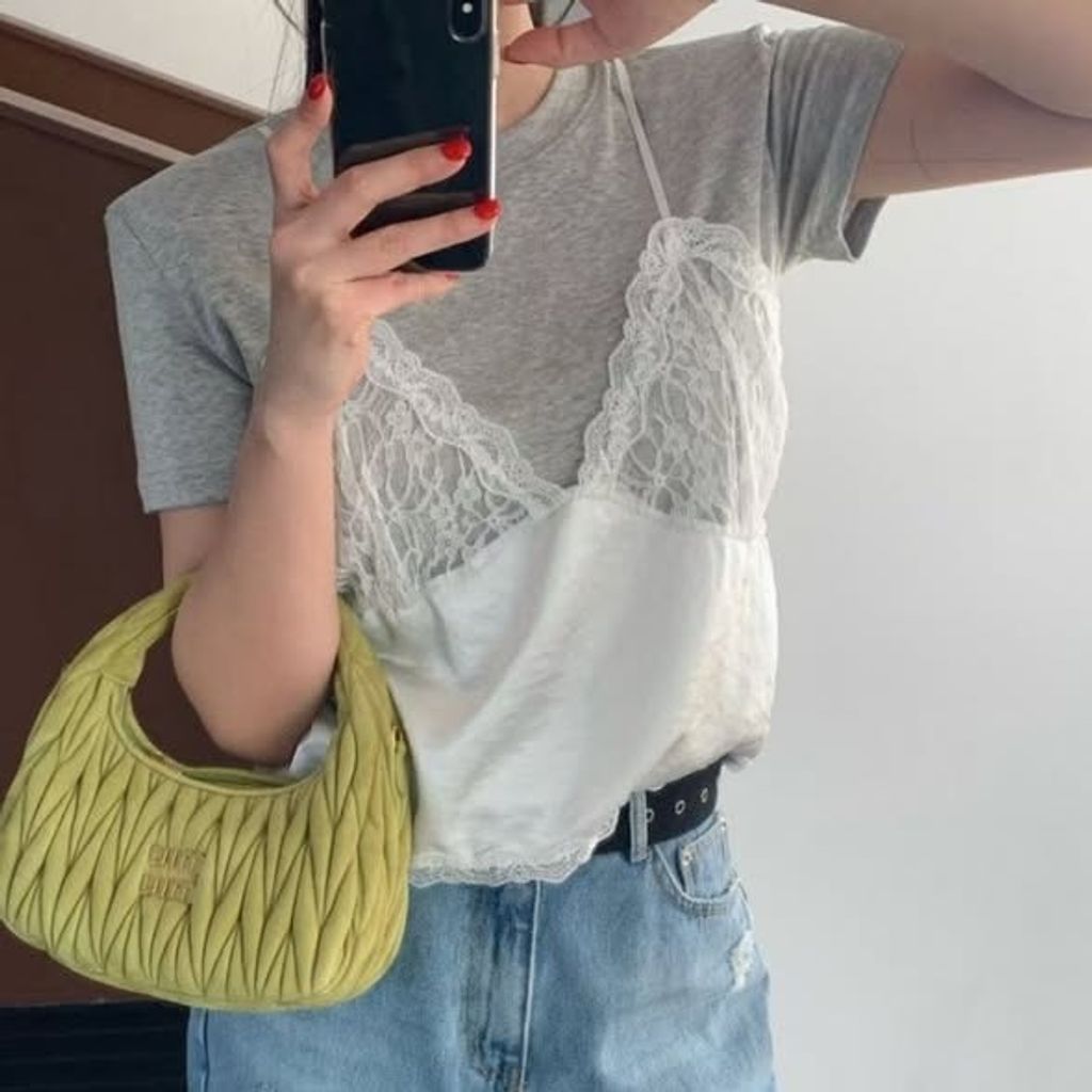 正韓蕾絲造型後綁帶假兩件上衣 $980 (1)
