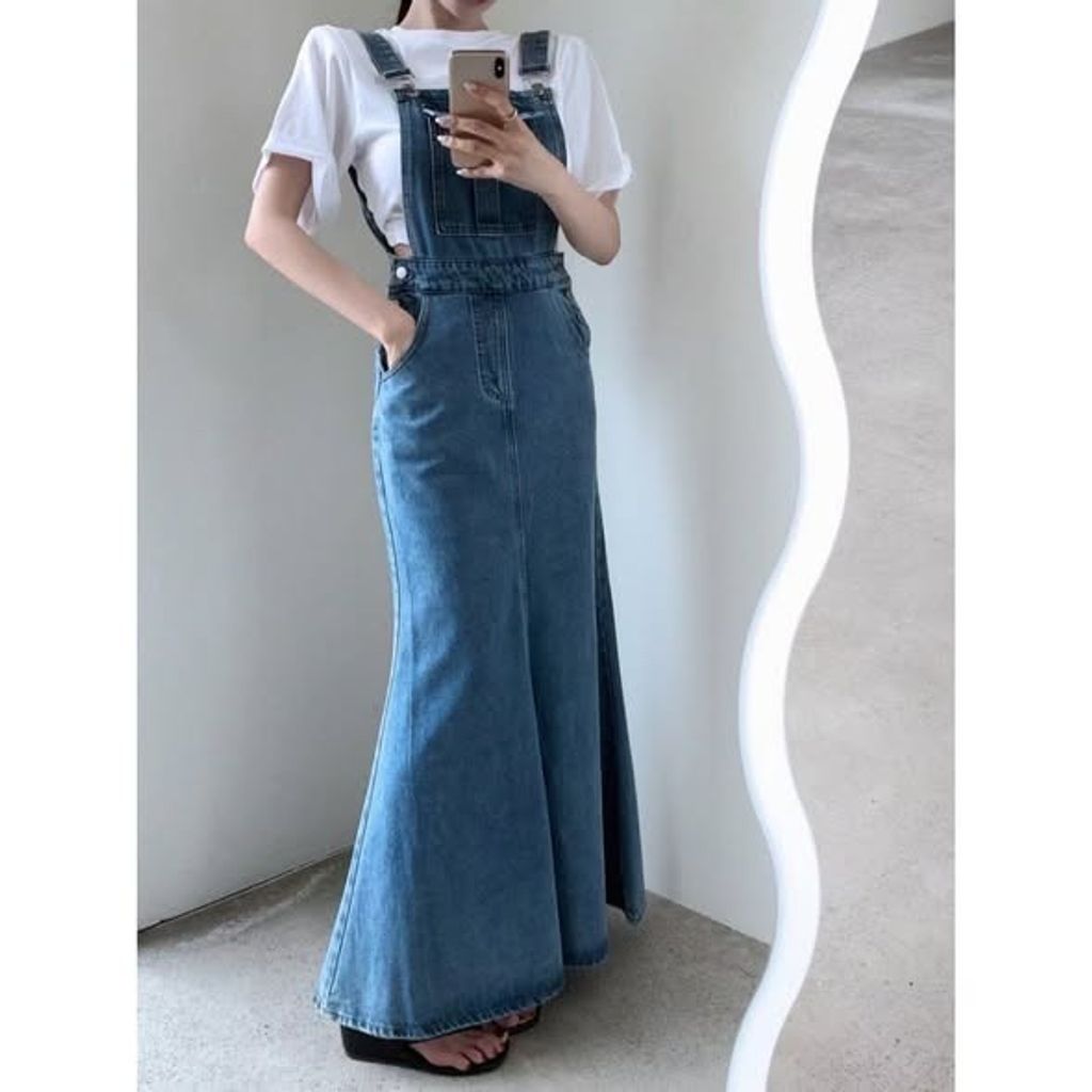 正韓吊帶傘狀牛仔長裙-138