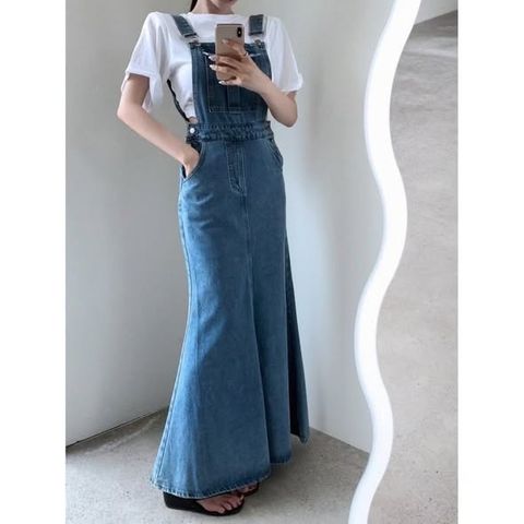 正韓吊帶傘狀牛仔長裙-138