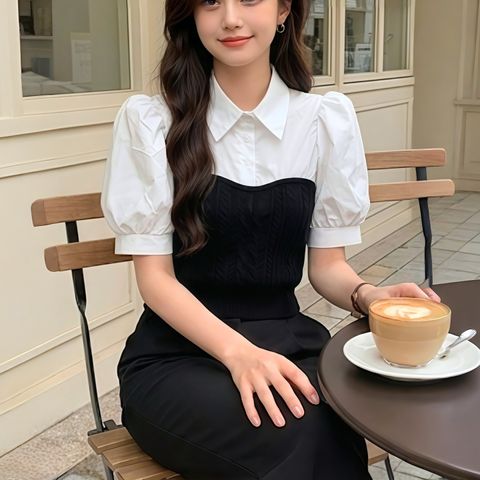 拼接針織質感襯衫上衣 _ $590 (2)