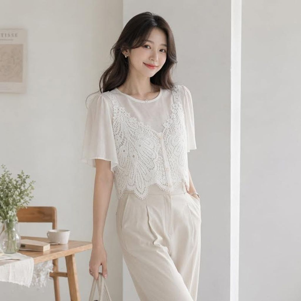 蕾絲拼接雪紡上衣｜$980 (3)
