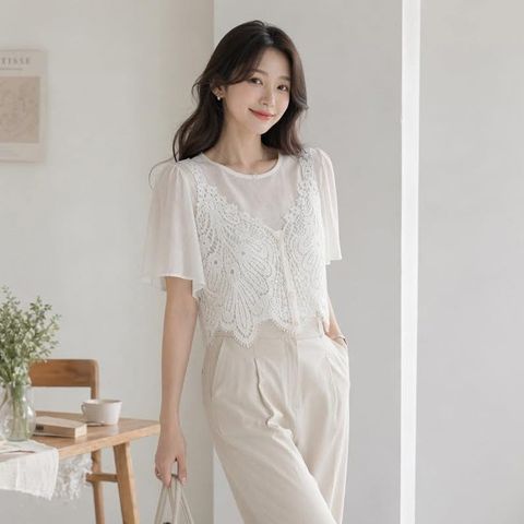 蕾絲拼接雪紡上衣｜$980 (3)