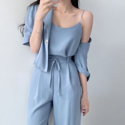 正韓肩帶背心連身褲裝＆外套套裝｜$980 (1)