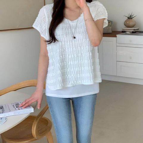 正韓假兩件拼接紋理罩衫上衣 _ $990