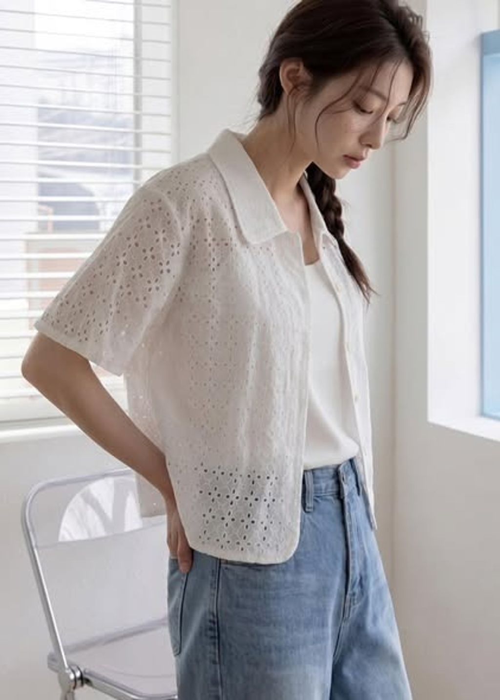 正韓鏤空刺繡花單排扣襯衫外套 $795 (2)