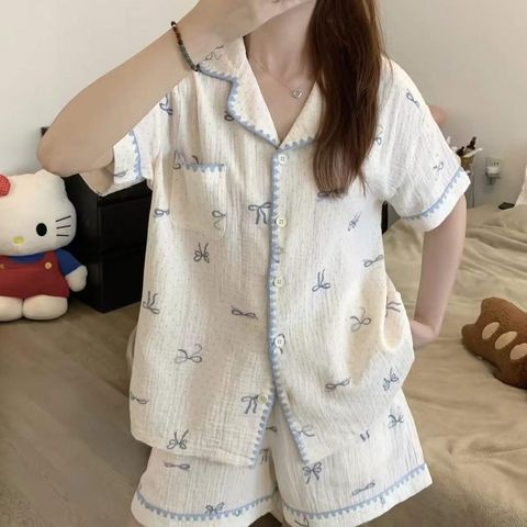 蝴蝶結滾邊居家睡衣套裝｜$590 (1)