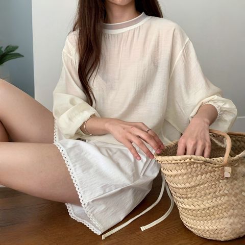 正韓腰帶蝴蝶結透膚襯衫｜$980 (4)