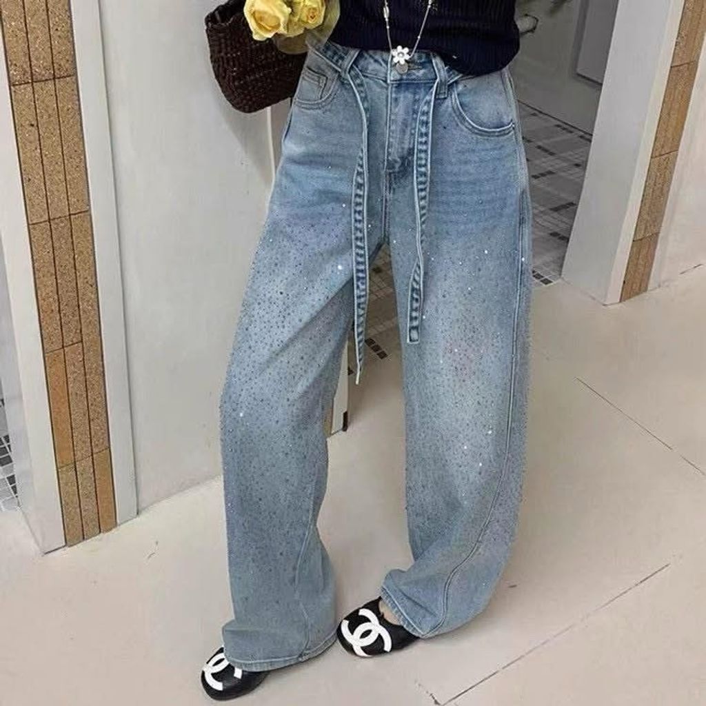 正韓點點燙鑽牛仔綁帶寬褲｜$980 (1)