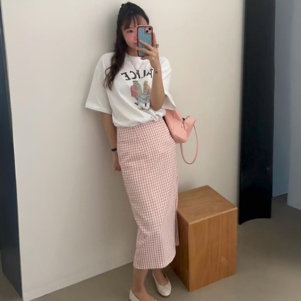 正韓甜美配色格紋窄裙中長裙-178