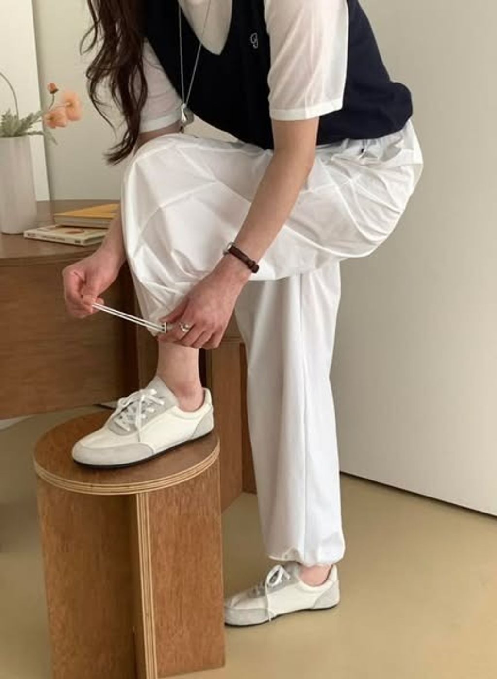 正韓格紋拼接縮口長褲 $980 (1)