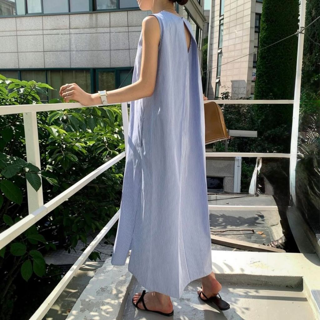 正韓優雅顯高直條紋背心洋裝980