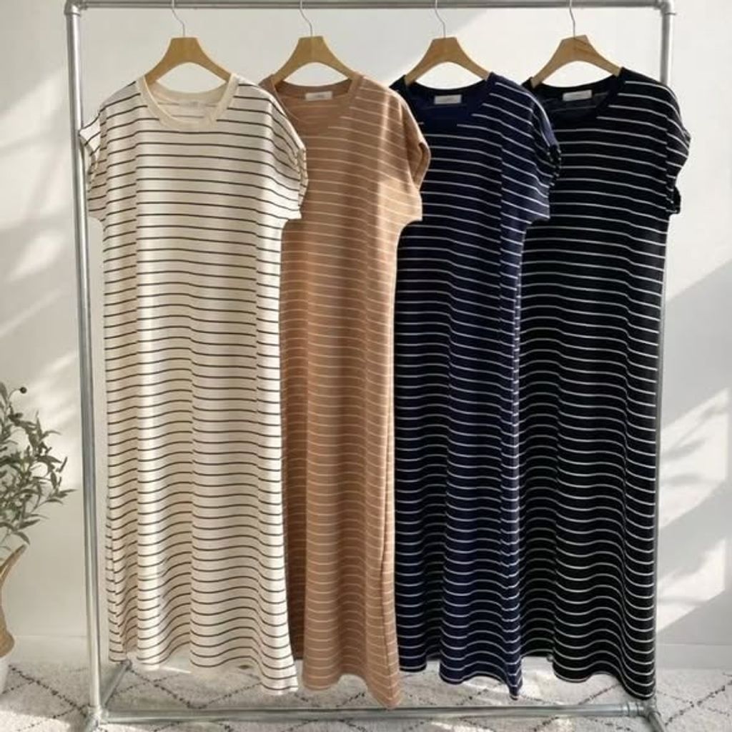 正韓休閒條紋長洋裝 $690 (1)
