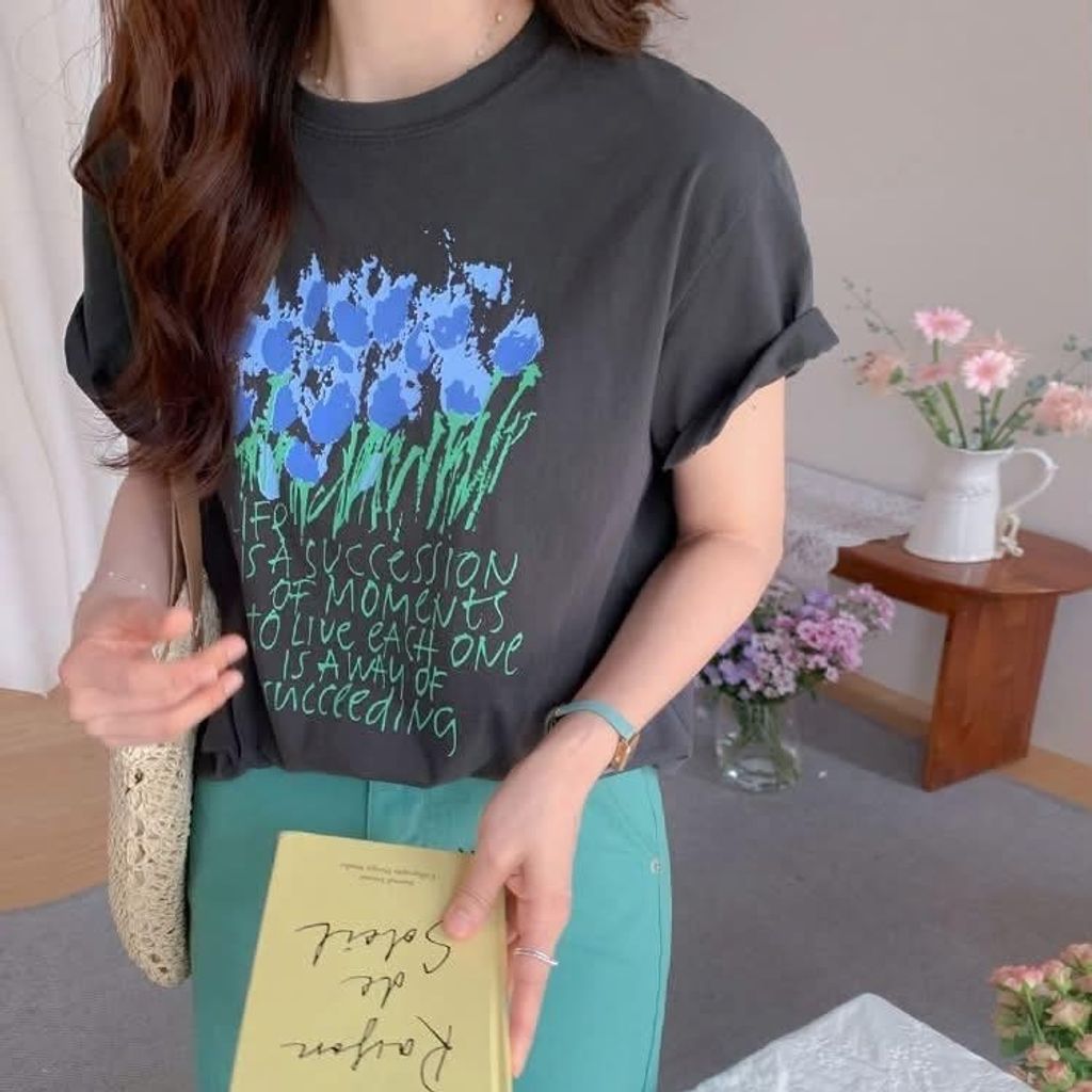 正韓甜美藍花朵印花竹節棉上衣980長裙128 (2)