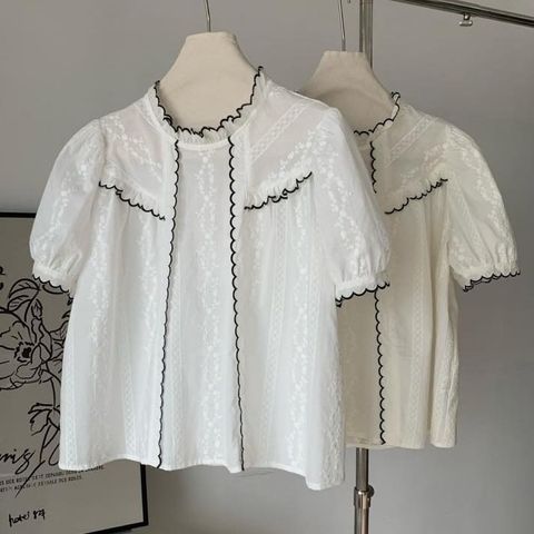 正韓滾邊配色刺繡上衣 $980