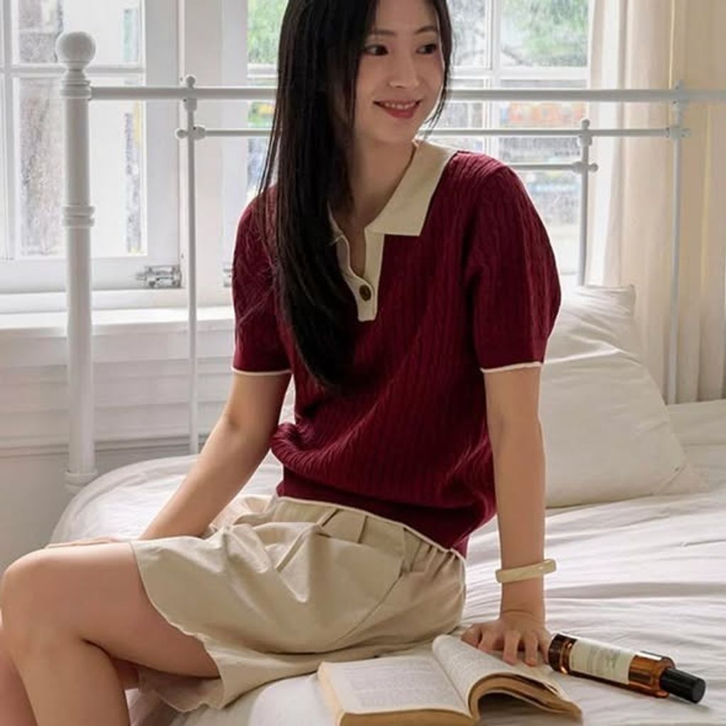 正韓翻領配色麻花紋路針織上衣 $890 (1)