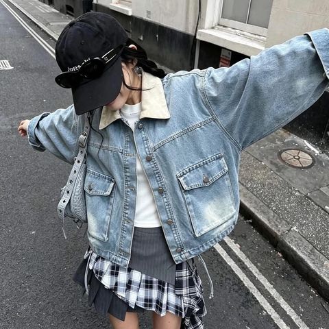 正韓撞色翻領水洗丹寧外套-118