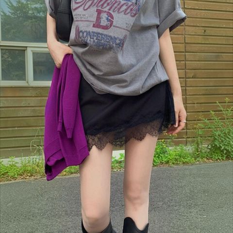 正韓拼接蕾絲下擺短裙-118 (1)