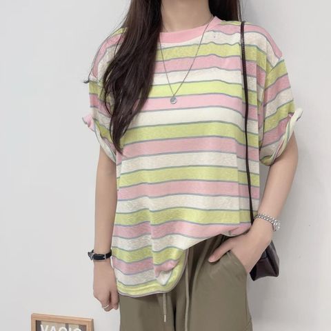 正韓彩虹條紋寬鬆短袖上衣｜$890 (1)