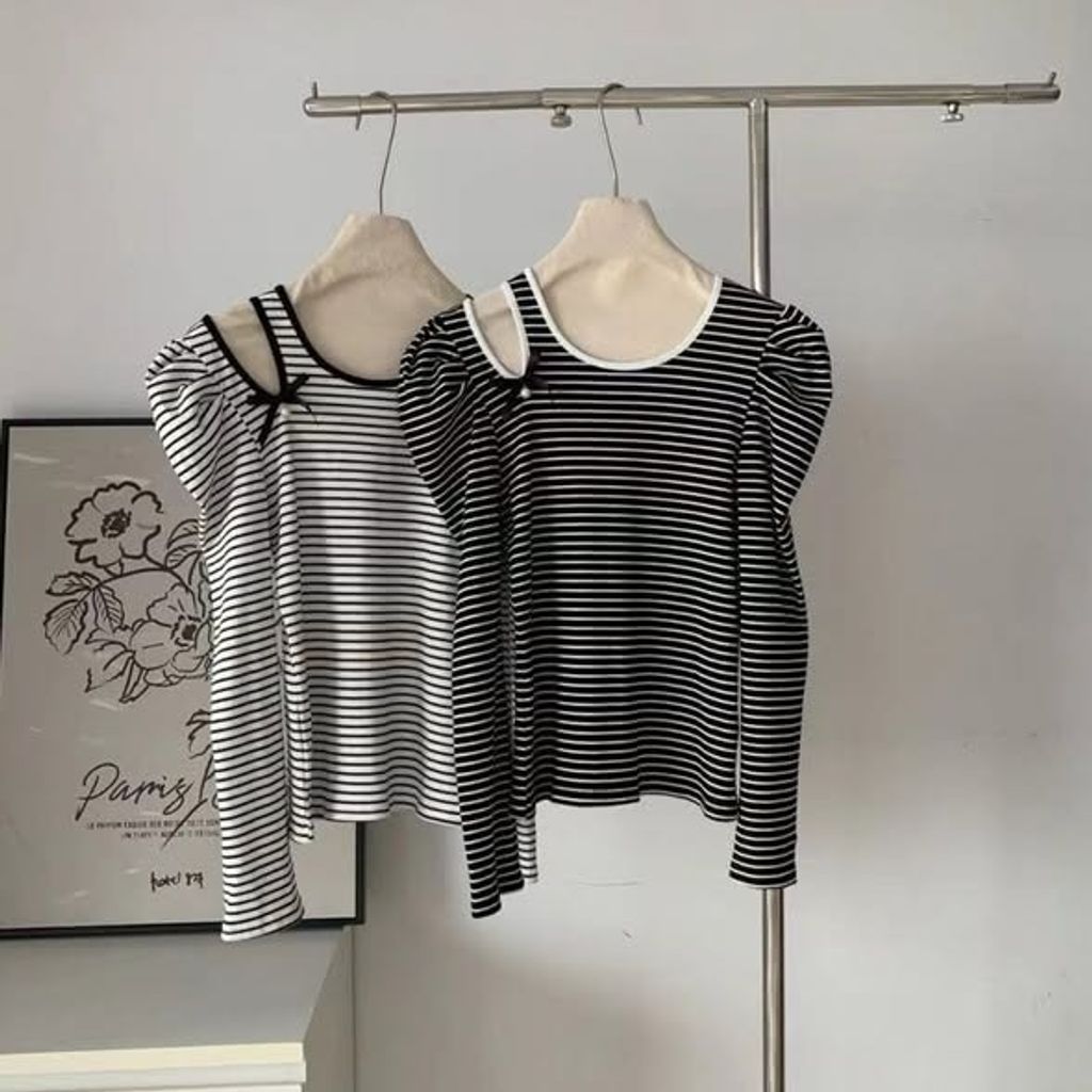 正韓珍珠蝴蝶結條紋上衣 $980